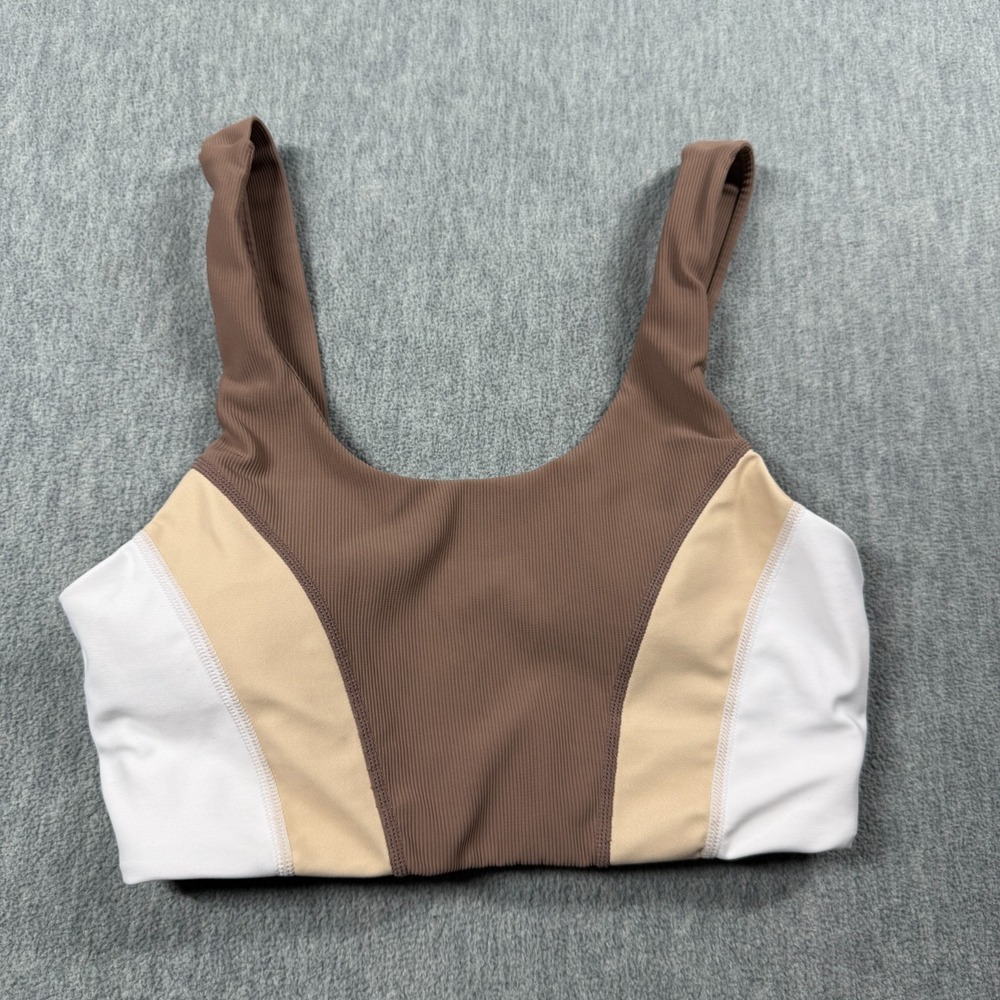 Wilo Sports Bra Womens M Brown Ribbed Colorblock Cropped Athleisure Yoga Fitness
